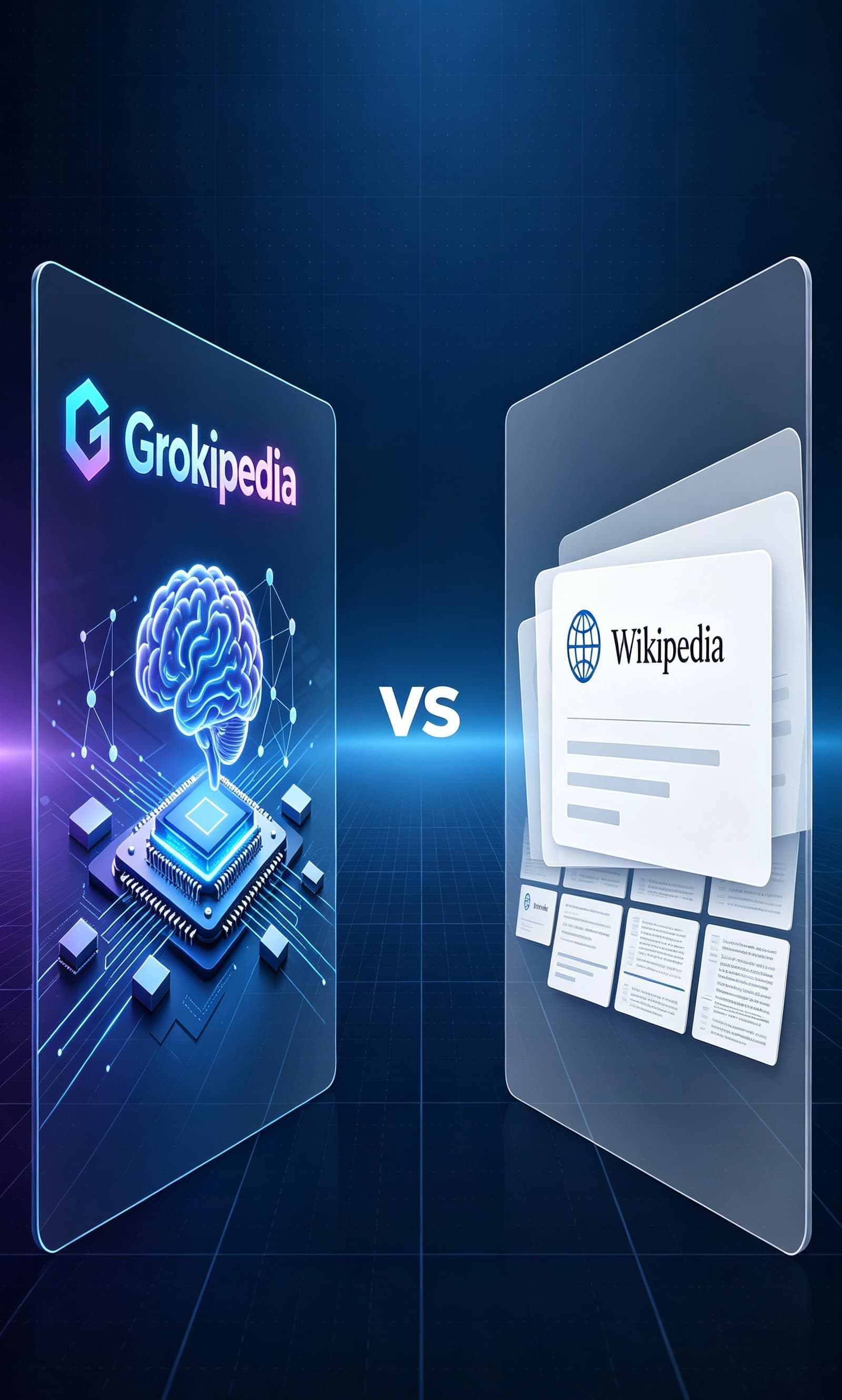 Grokipedia vs Wikipedia comparison dashboard showing AI summaries, Wikipedia citations, freshness checks, and source verification